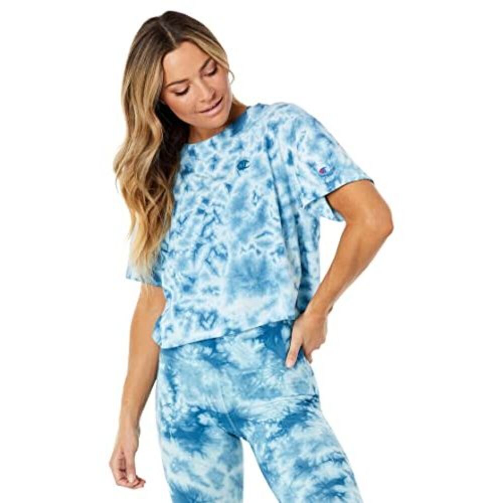 Champion Womens Logo Fitness Tie-Dyed Crewneck Crop Shirts & Tops
